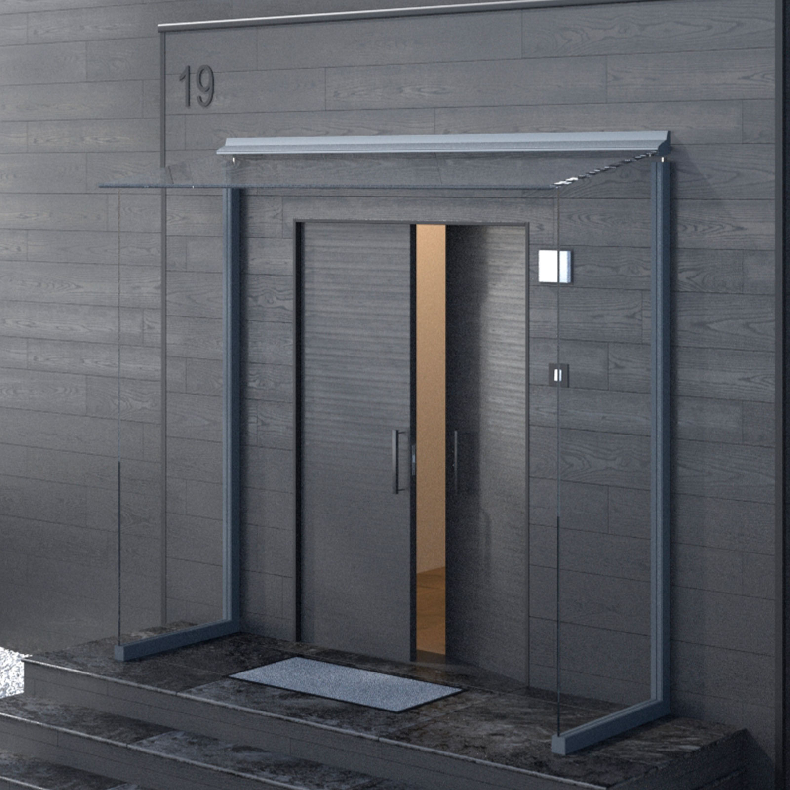Eine moderne, dunkle Hausfront mit schlichtem Glasvordach.