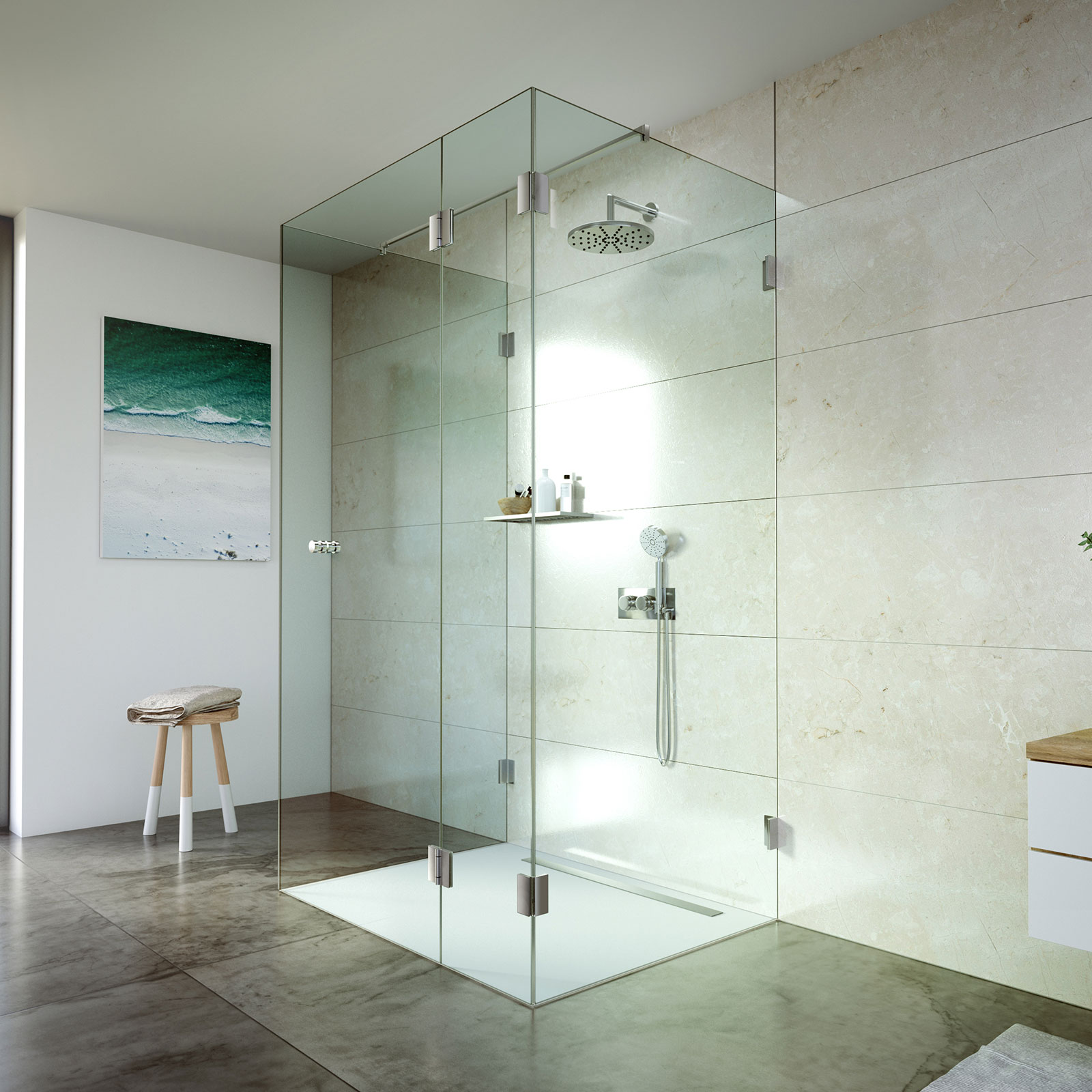 Ein modernes Bad mi einer kleinen Walk-in-Dusche.