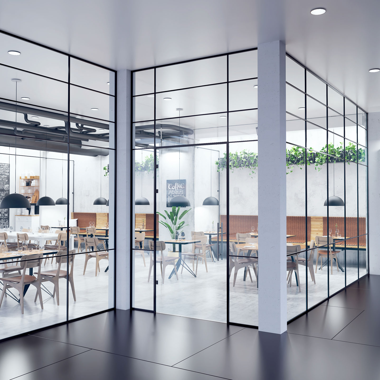 Eine moderne Kantine mit vielen Sitzgelegenheiten wird durch große Fenster aufgeteilt.
