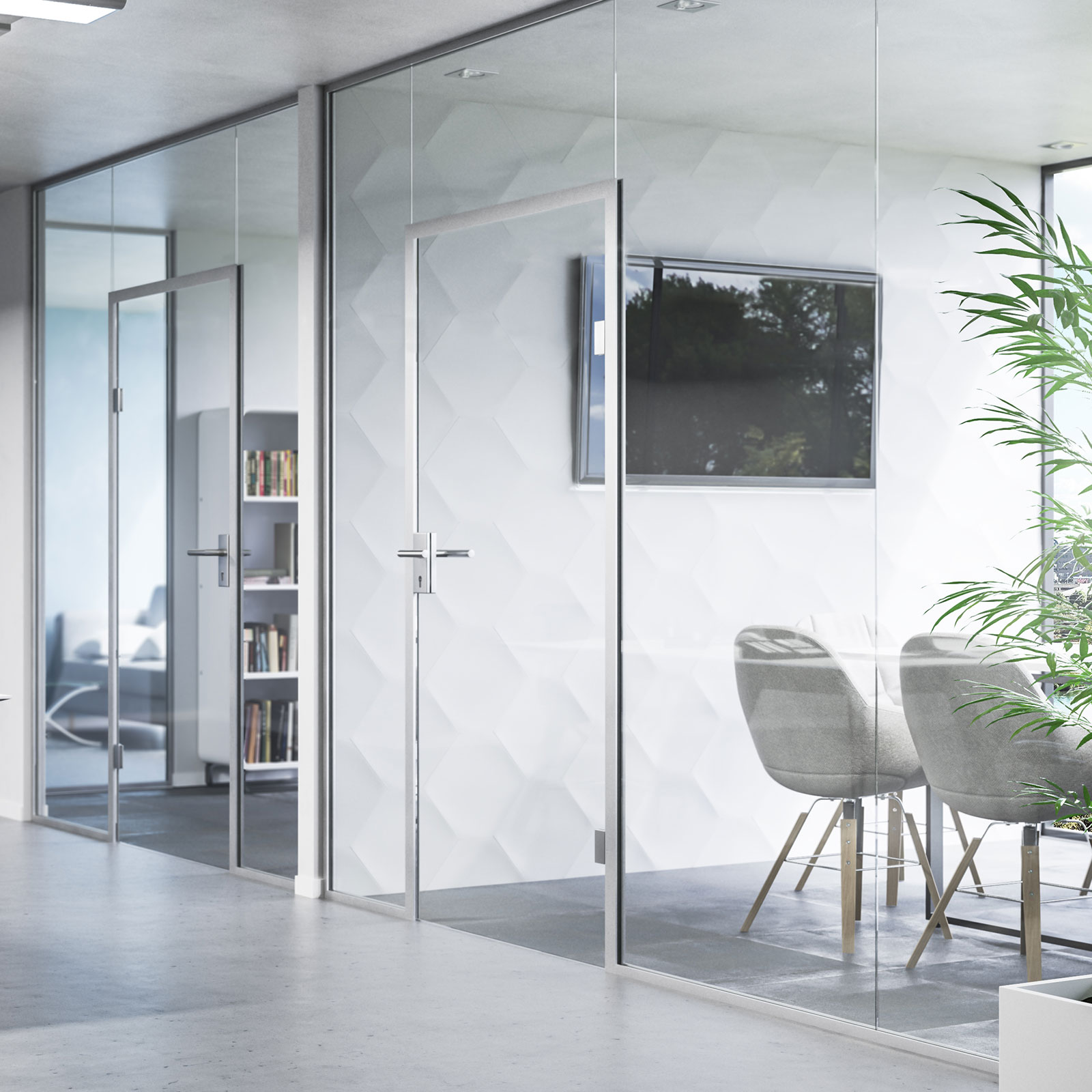 Ein heller Meetingraum wird durch eine Glasfront vom Rest des Raumes getrennt.